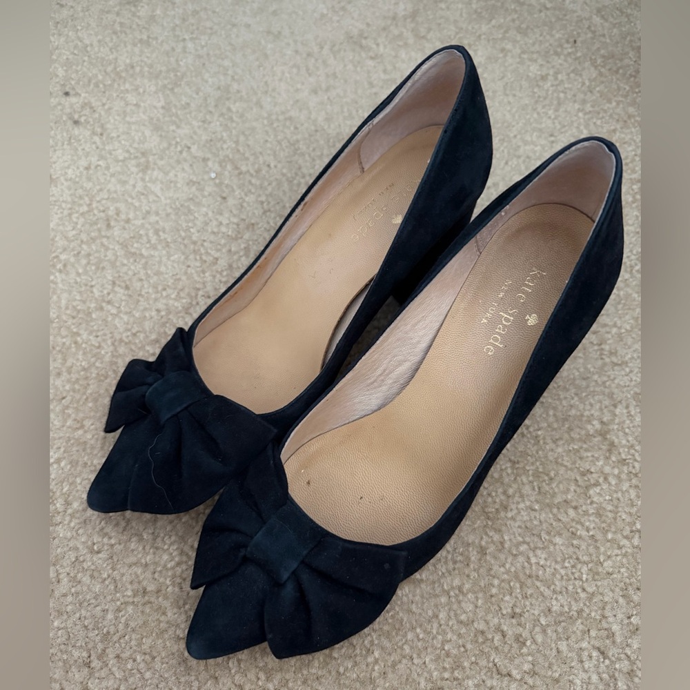 Kate Spade Black Suede Chunky Heels with Bow, size 6.5